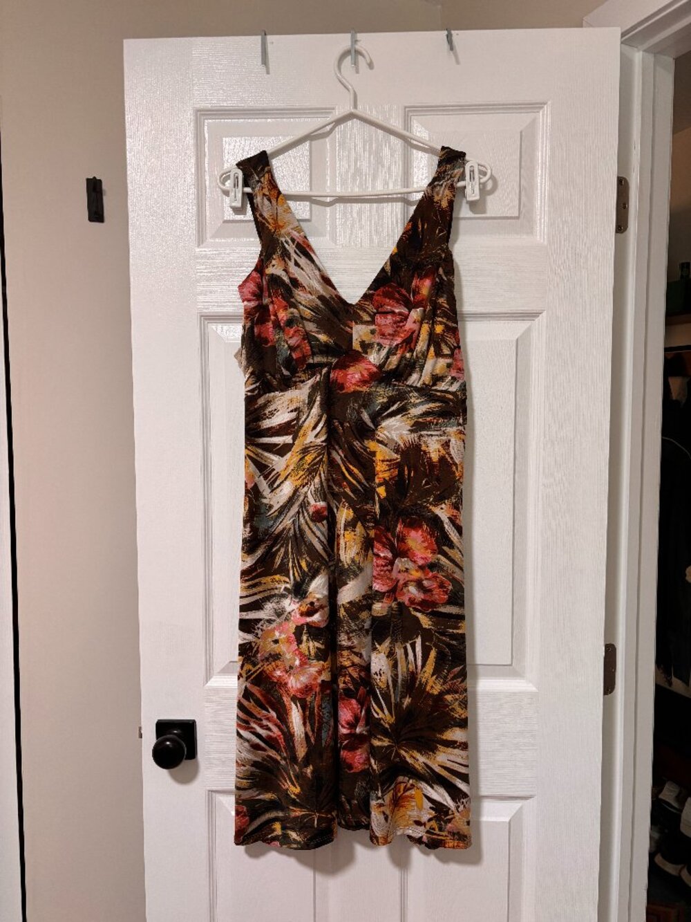 Tropical Floral Fit & Flare Dress | V-Neck Brown Floral Vacation Dress (Large)